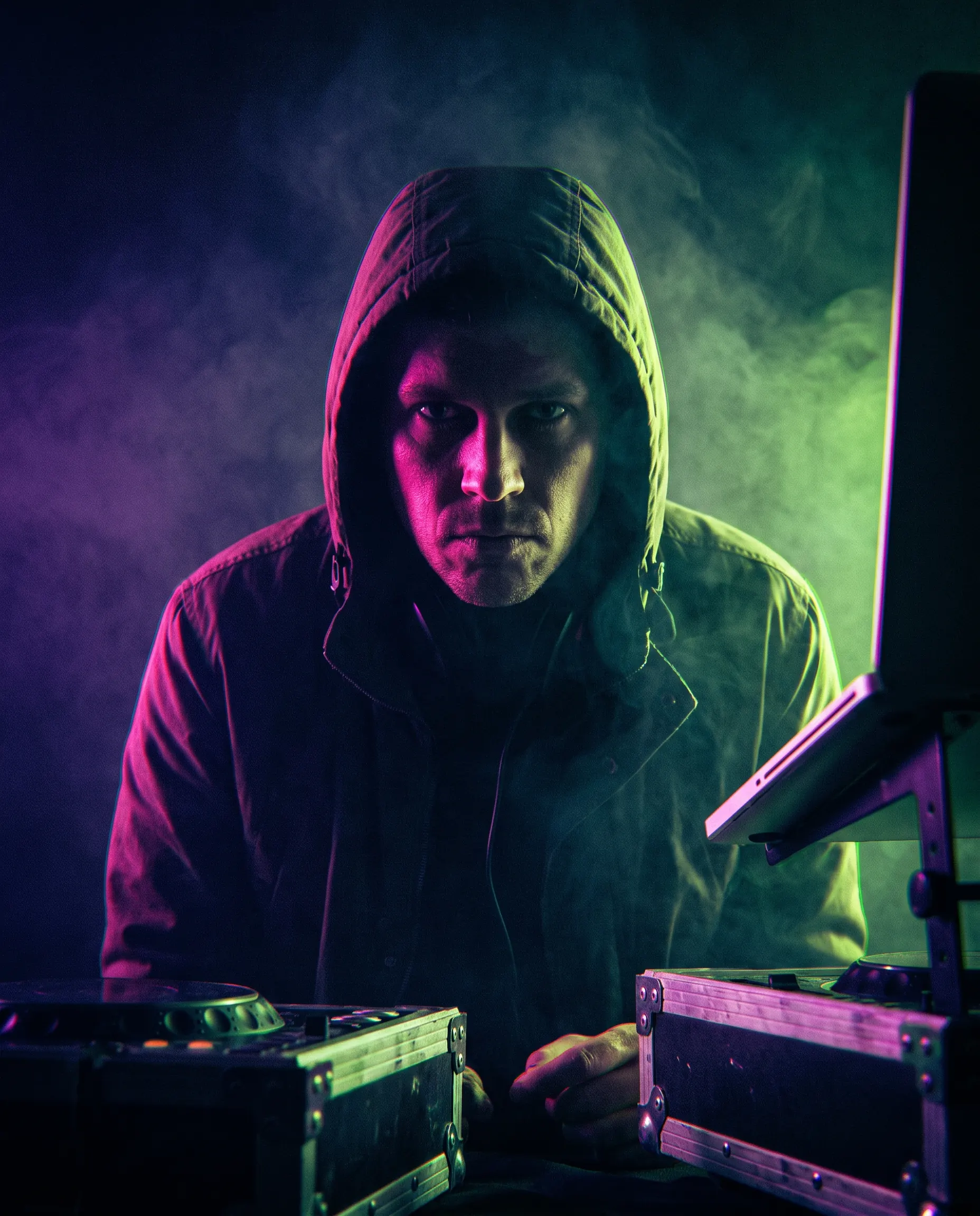 DJ portrait, magenta and acid-green split lighting