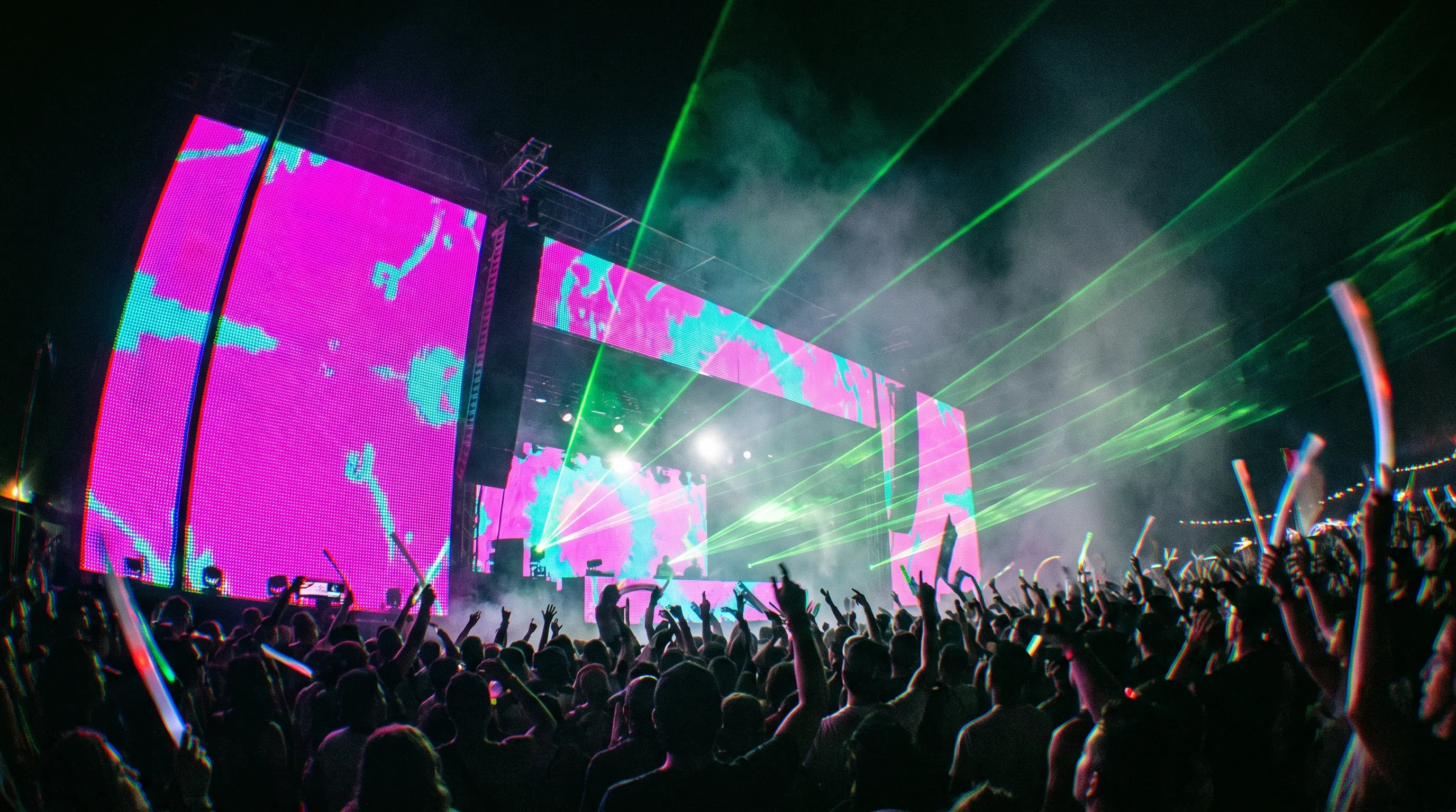 Festival main stage at night with lasers and fog